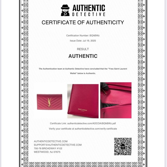 Pink Quilted Leather Wallet by Yves Saint Laurent & COA - Picture 10 of 11